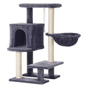 Feandrea Cat Tree, Small Cat Tower, 33.1-Inch Cat Condo with Basket, Cat Cave, Removable Washable Cover for Top Perch, for Small Spaces, Smoky Gray UPCT142G01