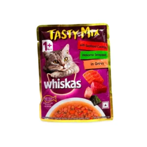 WHISKAS TASTY MIX WITH SEAFOOD COCKTAIL WAKAME SEAWEED IN GRAVY ADULT CAT 70 GM